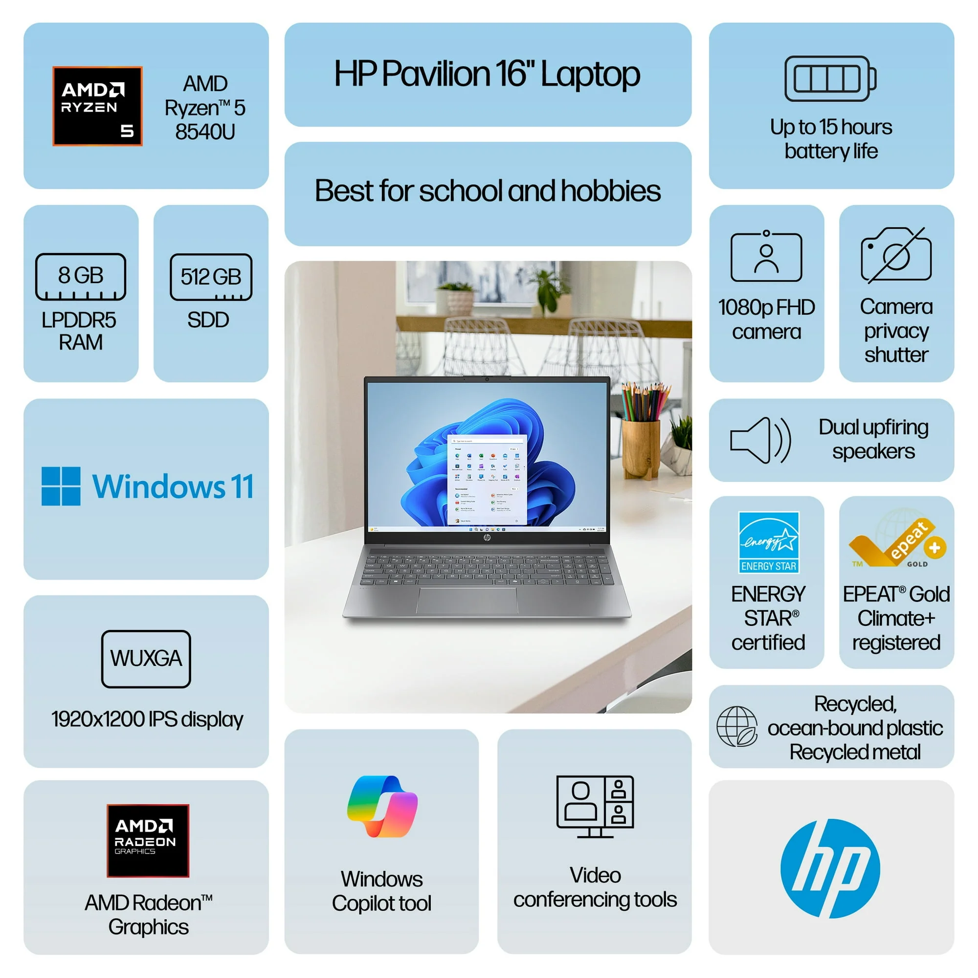 HP Pavilion 16'', AMD Ryzen 5-8540U AI, 8GB RAM, 512GB SSD - Image 2